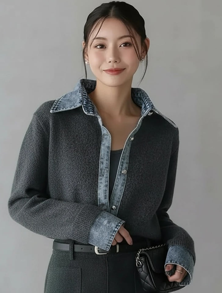 デニムシャツレイヤード風ニットカーディガン