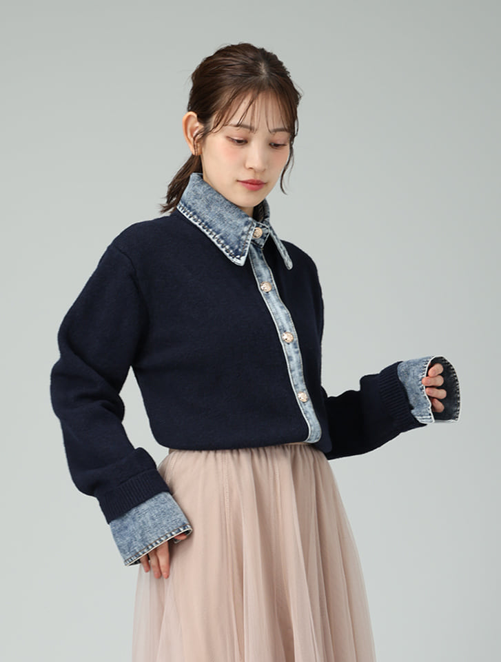 デニムシャツレイヤード風ニットカーディガン