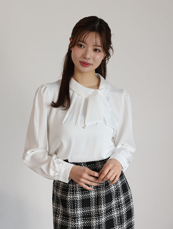 サイドパールリボン長袖ブラウス