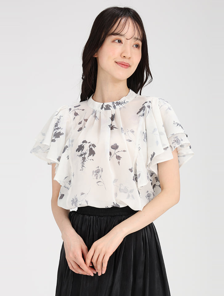 フリル付き花柄ブラウス（薄いピンク） 花柄シフォンブラウス／ピンク | セレクトショップ Luce