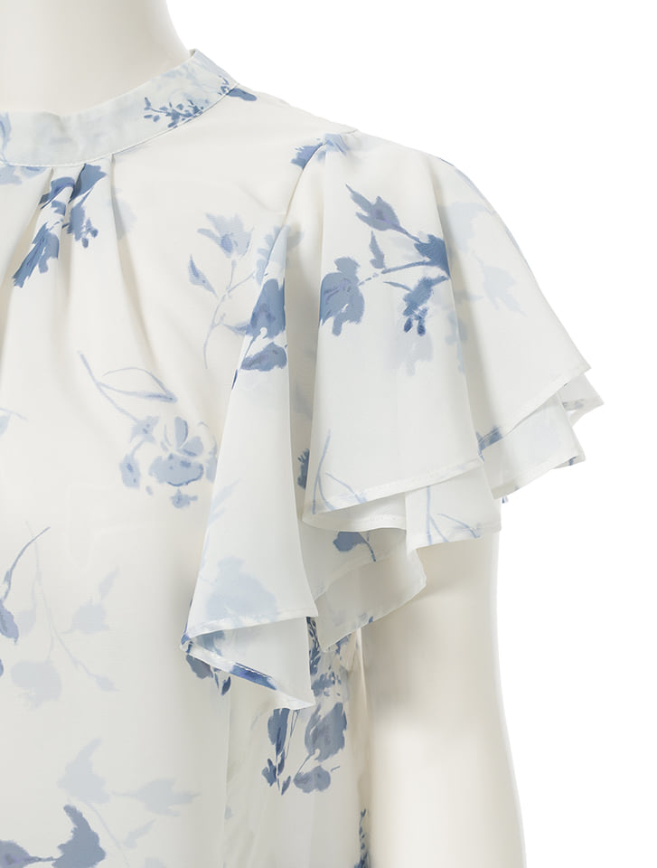 花柄 パンツ&ドレスシャツ フリル シフォン セットアップ 花柄アソートラッフルフリルミドルブラウス(M OFF WHITE