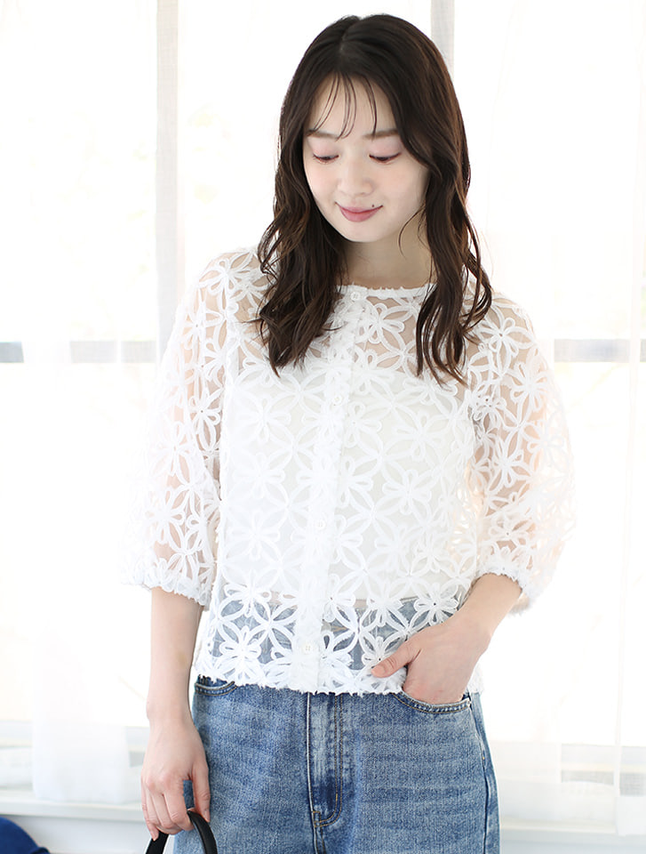 fifth パフスリーブレースカーディガン | 人気レディースファッション