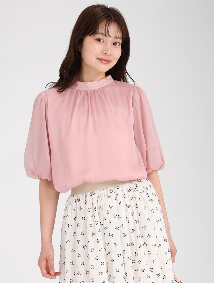 シアーパフスリーブハイネックブラウス