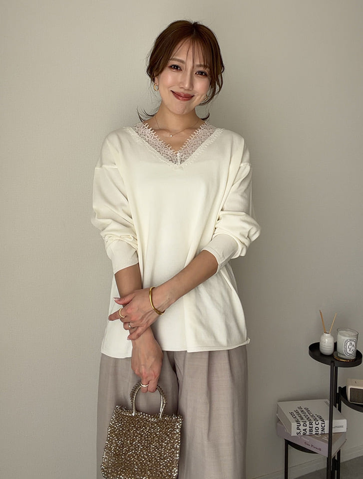 【miyopuセレクト】 衿レースVネックプルオーバー