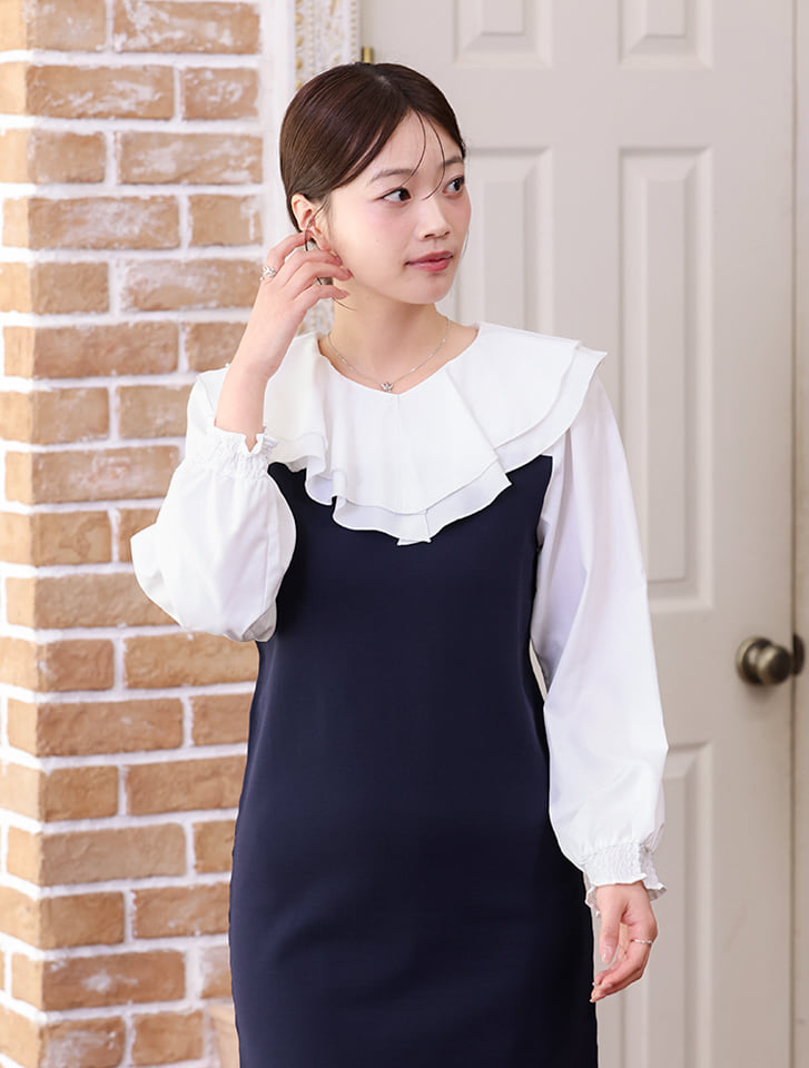fifth 【cho____07セレクト】衿元フリル異素材ドッキングワンピース