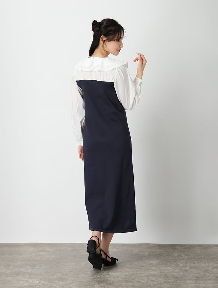 fifth 【cho____07セレクト】衿元フリル異素材ドッキングワンピース