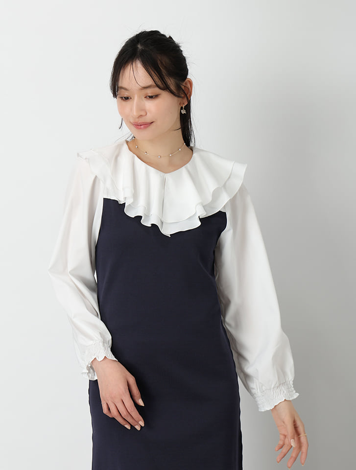 fifth 【cho____07セレクト】衿元フリル異素材ドッキングワンピース