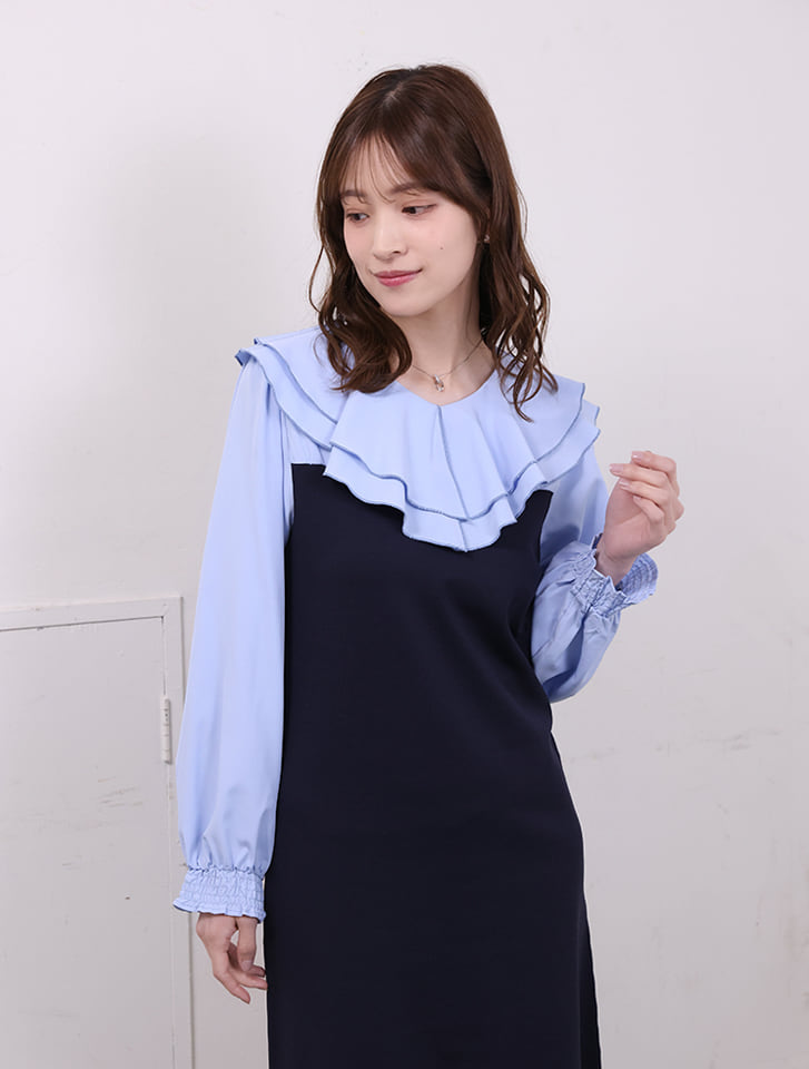 fifth 【cho____07セレクト】衿元フリル異素材ドッキングワンピース