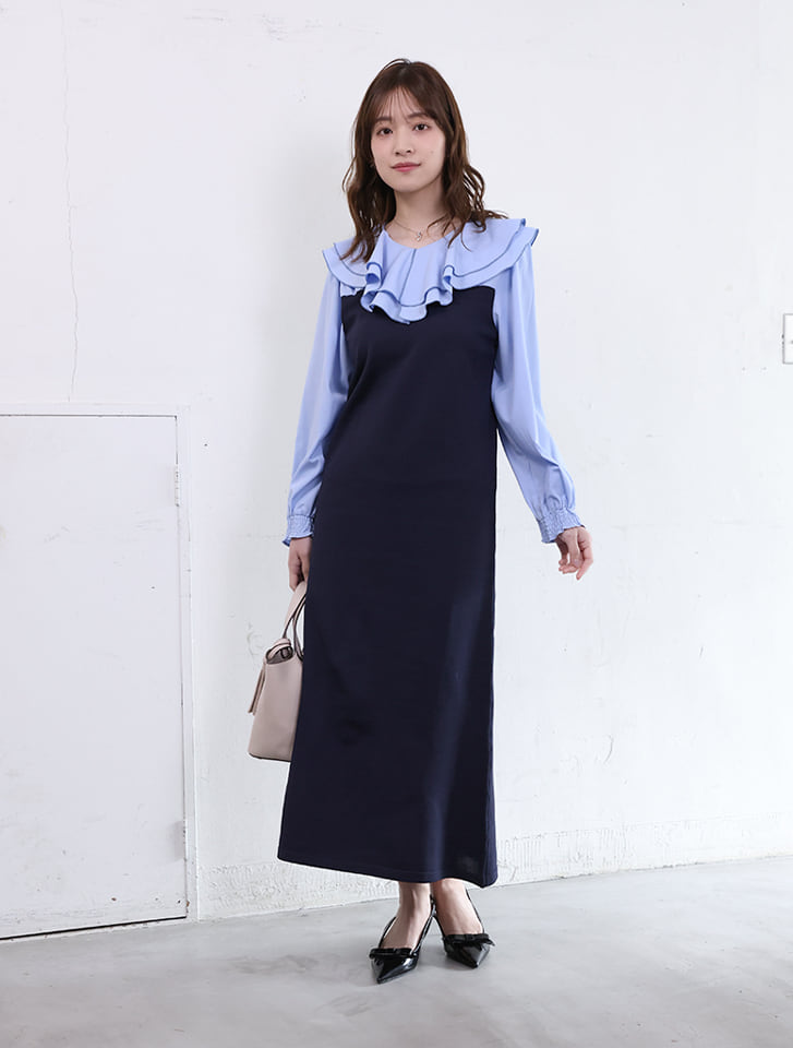 fifth 【cho____07セレクト】衿元フリル異素材ドッキングワンピース