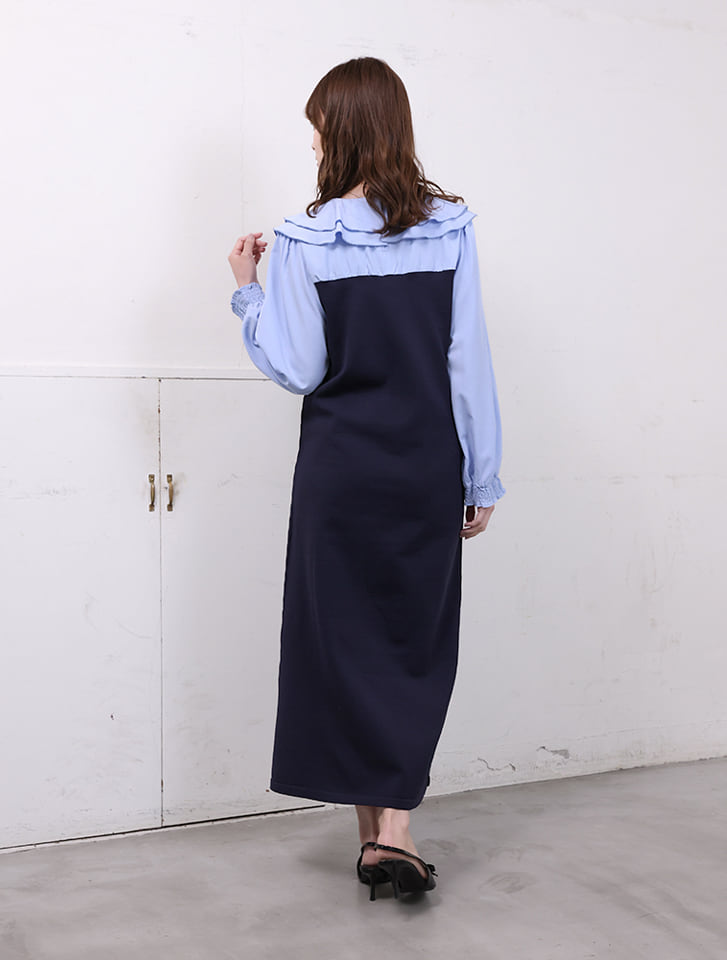 fifth 【cho____07セレクト】衿元フリル異素材ドッキングワンピース
