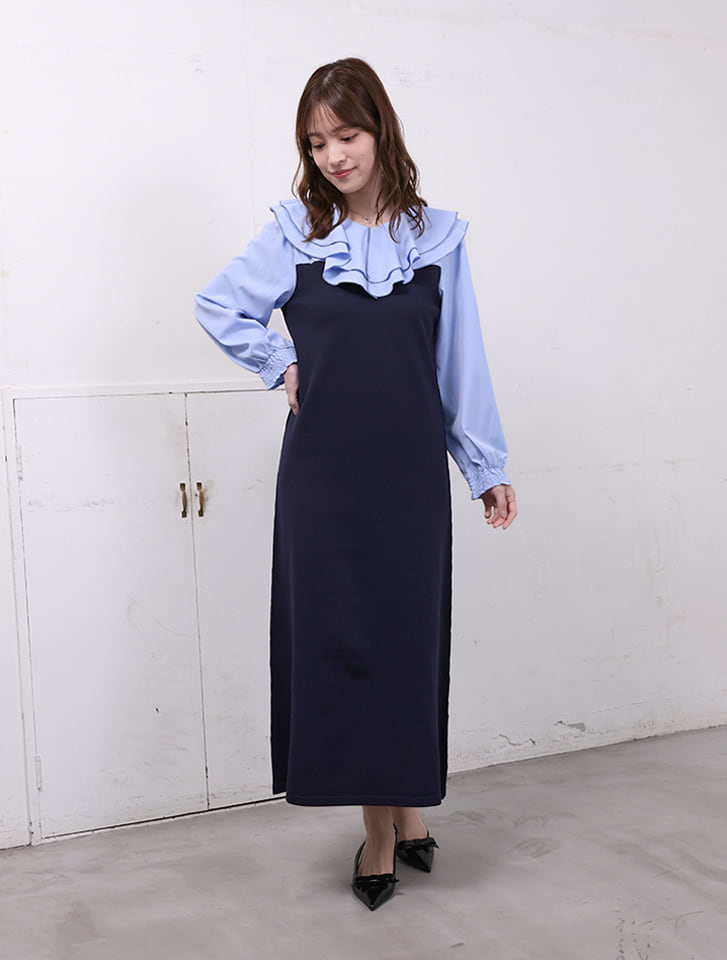 fifth 【cho____07セレクト】衿元フリル異素材ドッキングワンピース