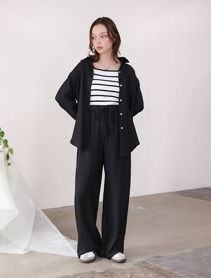 ゆったりLLサイズ❤新品 PING 黒シャツ 白パンツ 上下セット セットアップ fifth リネンライクシャツパンツセットアップ | 人気レディース