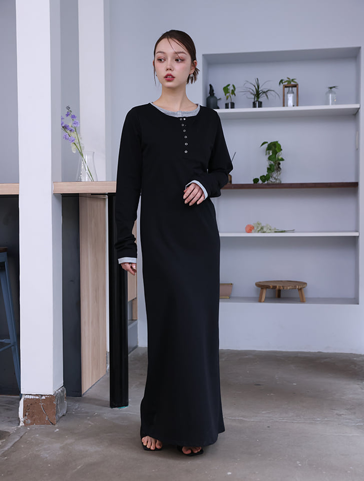 レイヤード見えヘンリーネック配色ワンピース