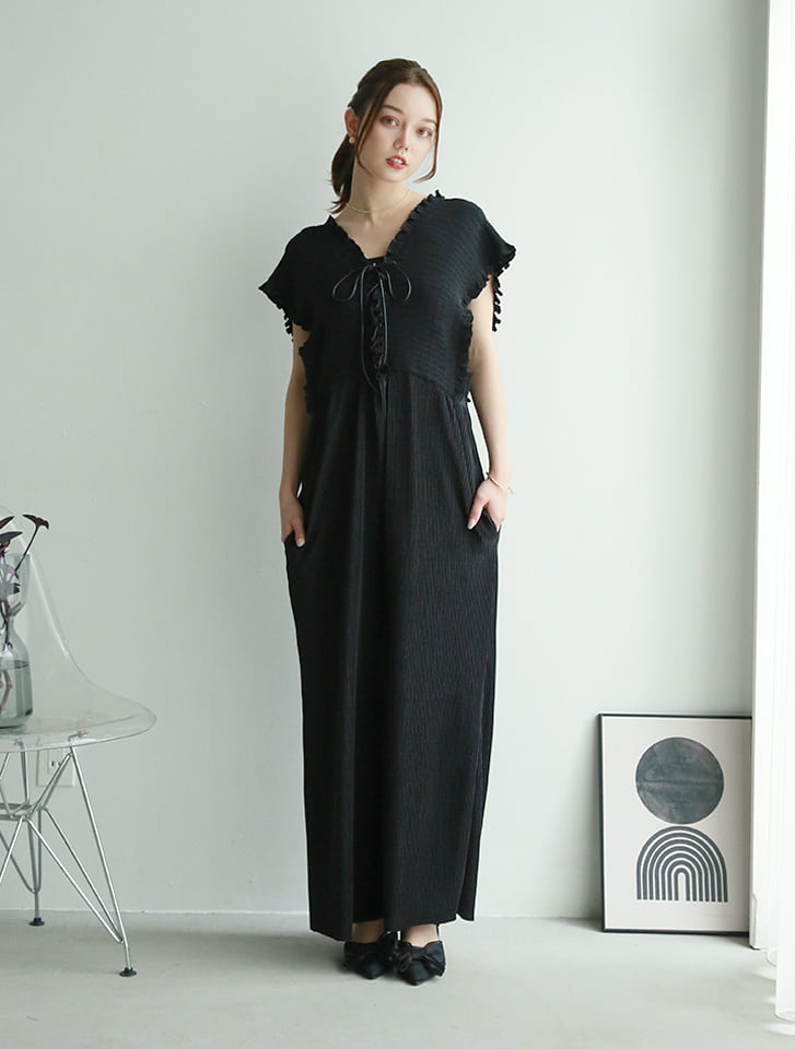 前後2wayレースアッププリーツオールインワン