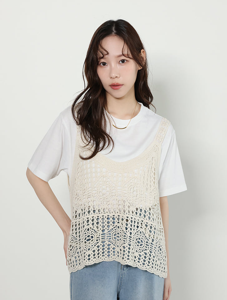【fifth/フィフス】【2点セット】Tシャツ×かぎ針ビスチェ