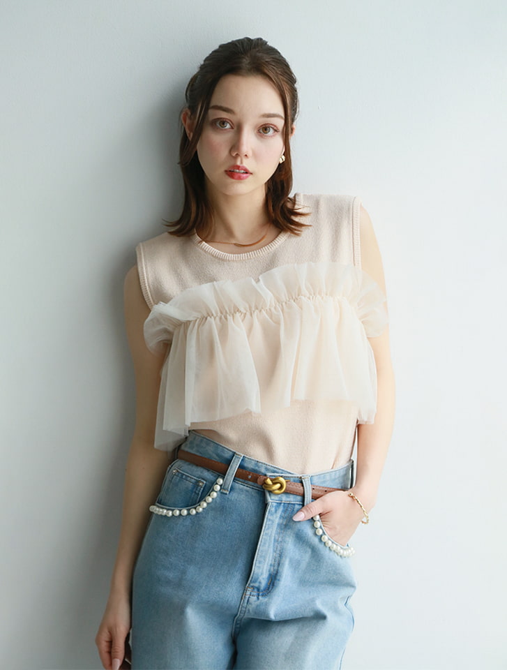【vaNite】ニットチュールタンク チュール使いニットタンク | natural couture(ナチュラルクチュール