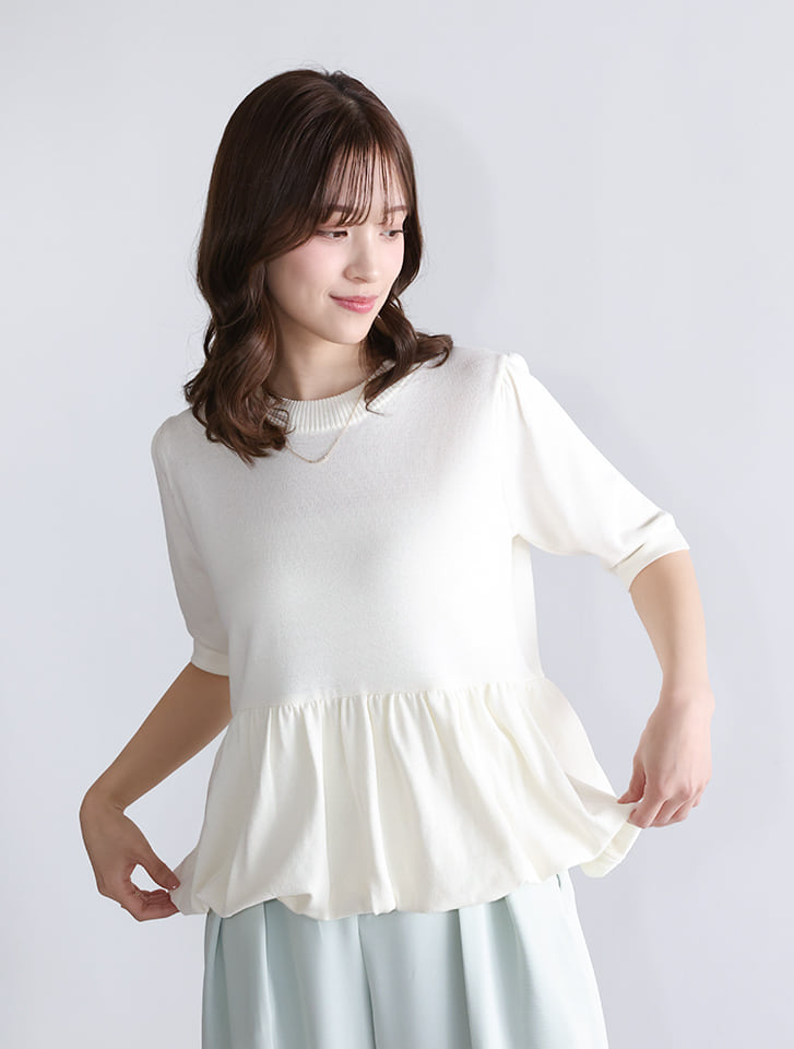 裾バルーン5分袖ニット