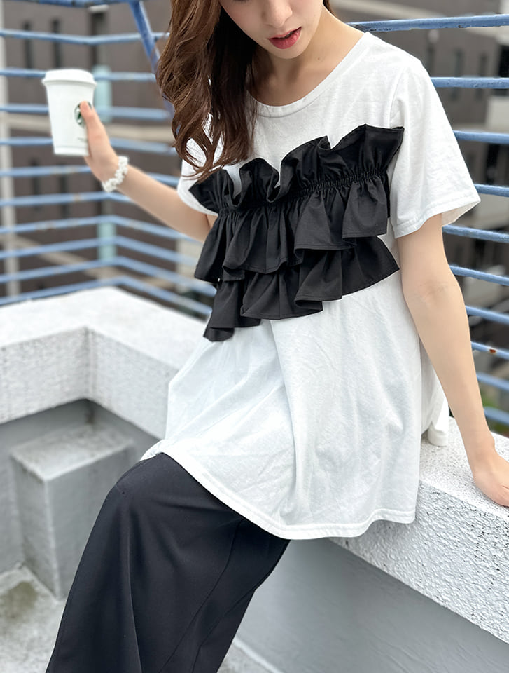 fifth 異素材フリルドッキングTシャツ | 人気レディースファッション