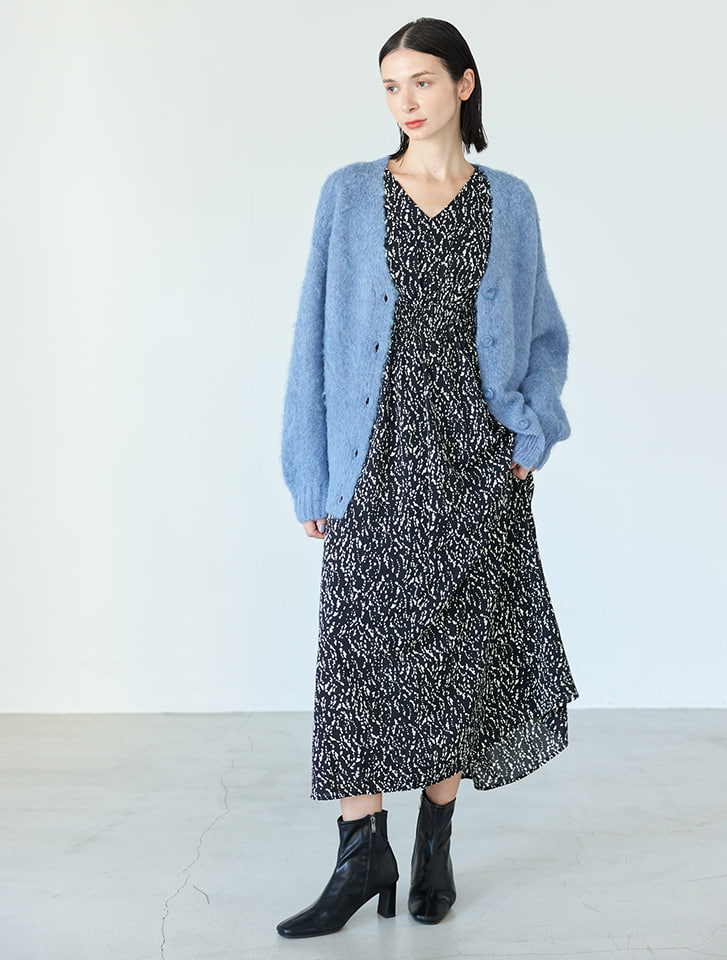 前後2wayぺブル柄シャーリングワンピース