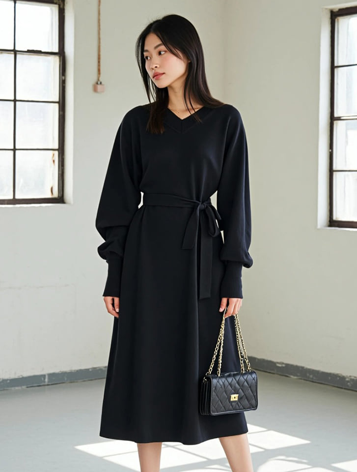【fifth/フィフス】Vネックウエストリボン付きニットワンピース 【fifth/フィフス】Vネックウエストリボン付きニットワンピース
