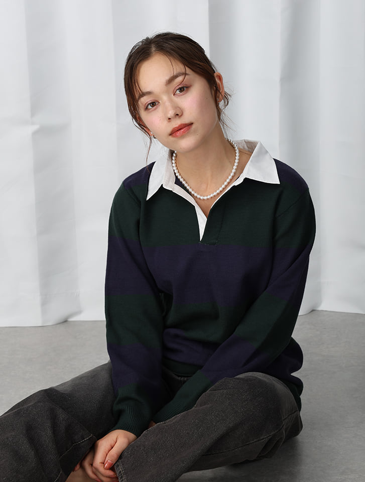 【極美品】ESTNATION ニットラガーシャツ ネイビー M！ ESTNATION（エストネーション）の「ESTNATION / ラガーシャツ
