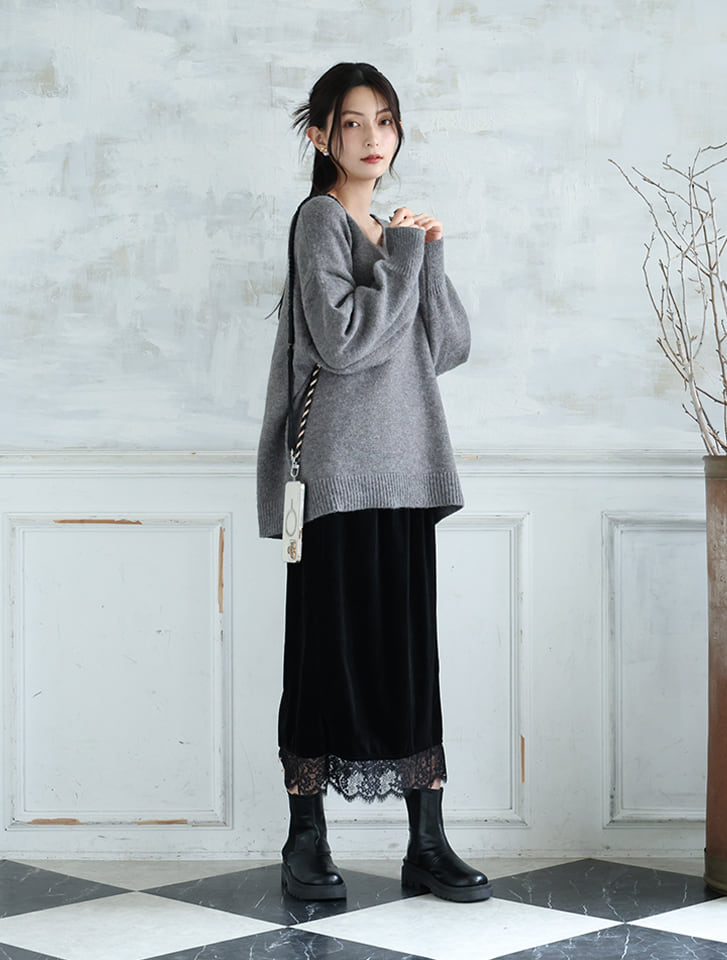 Edit Sheen ベロア調裾レーススカート | 人気レディース