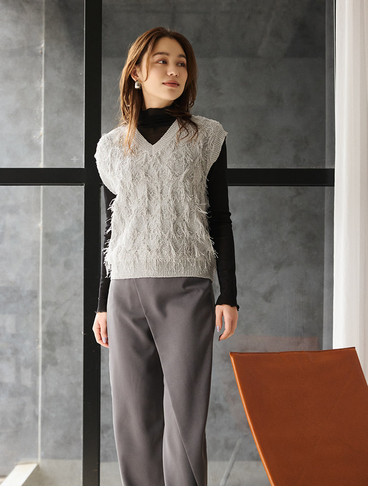 Edit Sheen Vネックフリンジニットベスト | 人気レディース