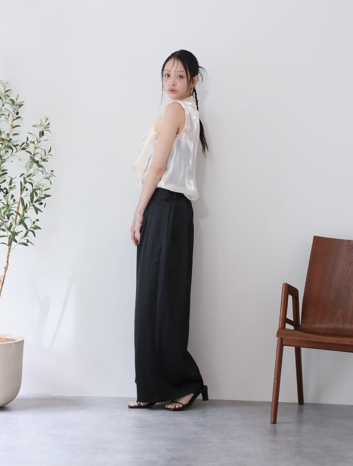希少　ethosens ワイドシルエットセットアップ　シャツ　ワイドパンツ　変形 Edit Sheen 2WAYリボンオーガンジブラウス×タックワイドパンツ