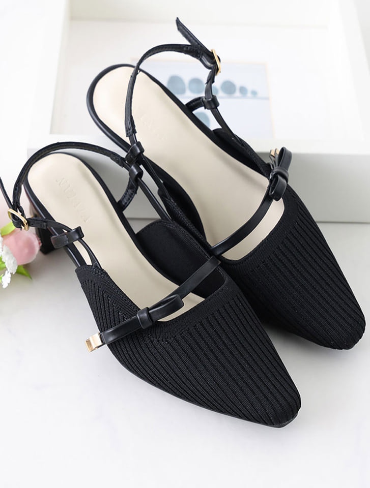 サイドリボンニットスリングバックパンプス