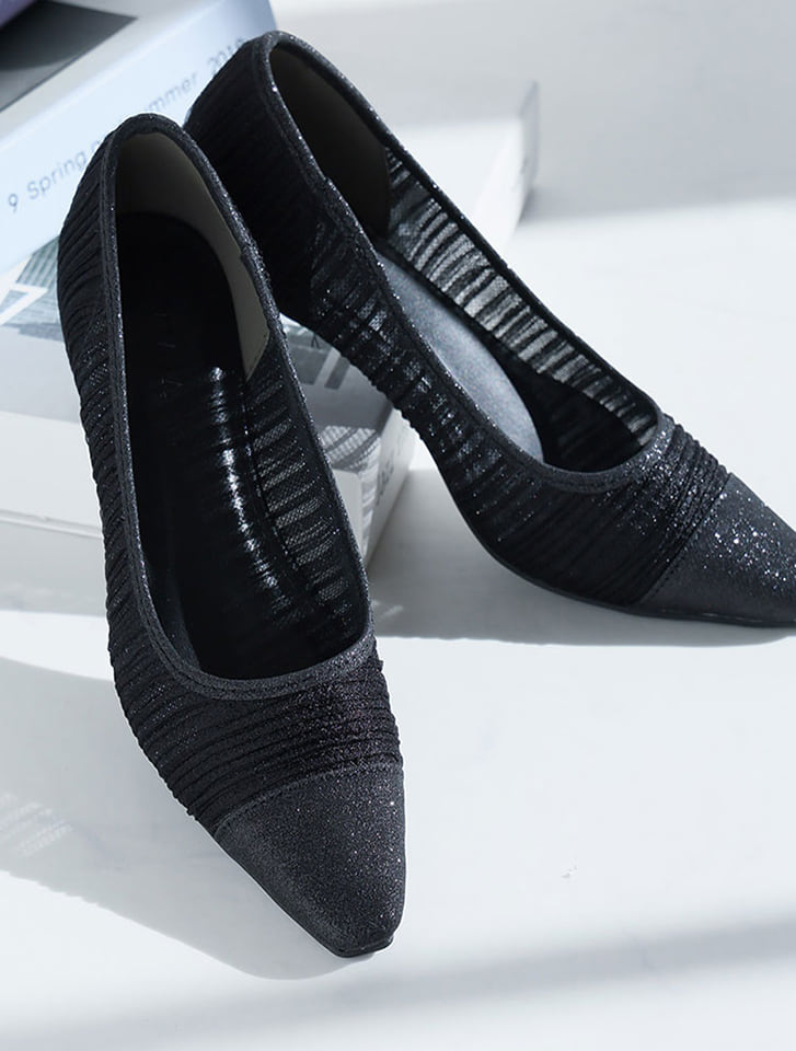 シアーバイカラープレートヒールパンプス