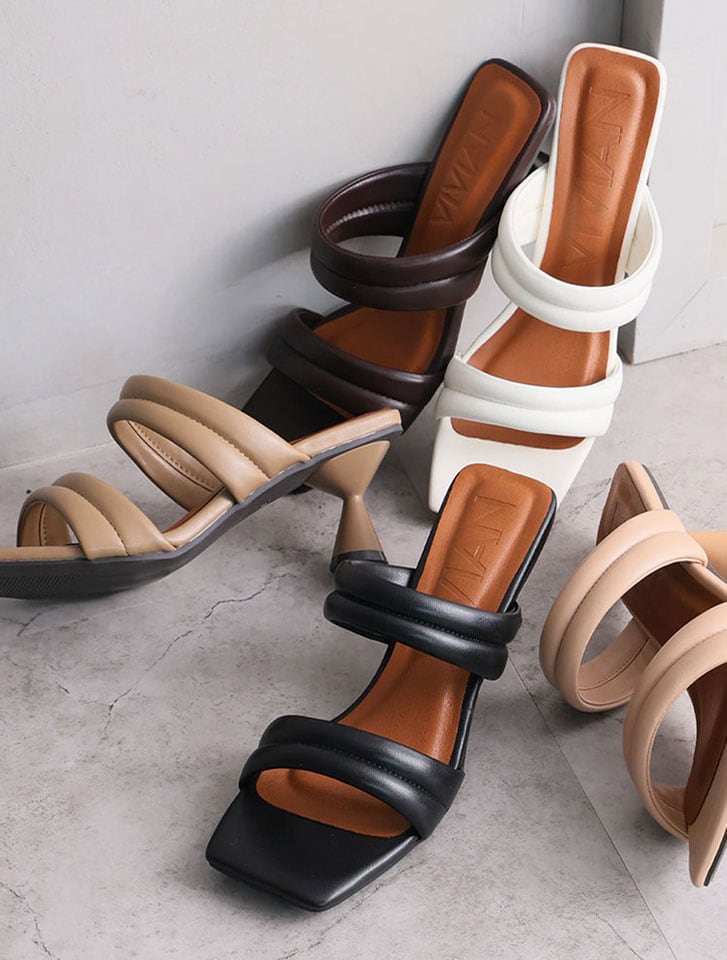 スクエアトゥパデッドダブルベルトミュールサンダル