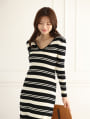 Vネックボーダーニットワンピース