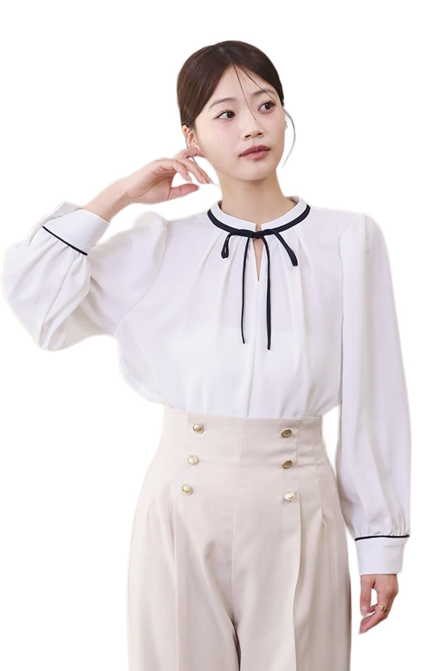 キーネック配色リボンブラウス